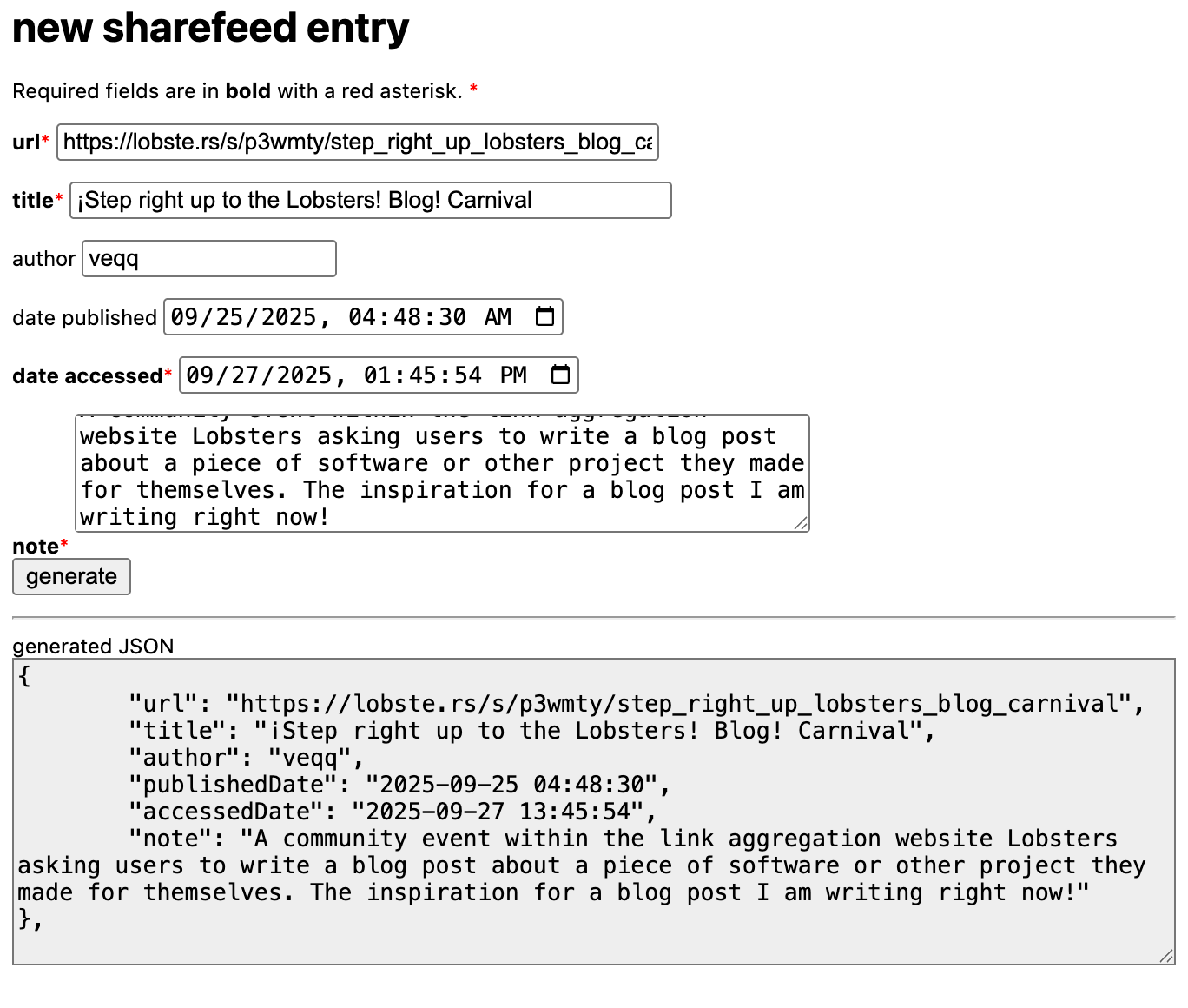 One last screenshot of my sharefeed extension 
showing what the generated JSON object for this entry would look like with a custom note finally filled in.